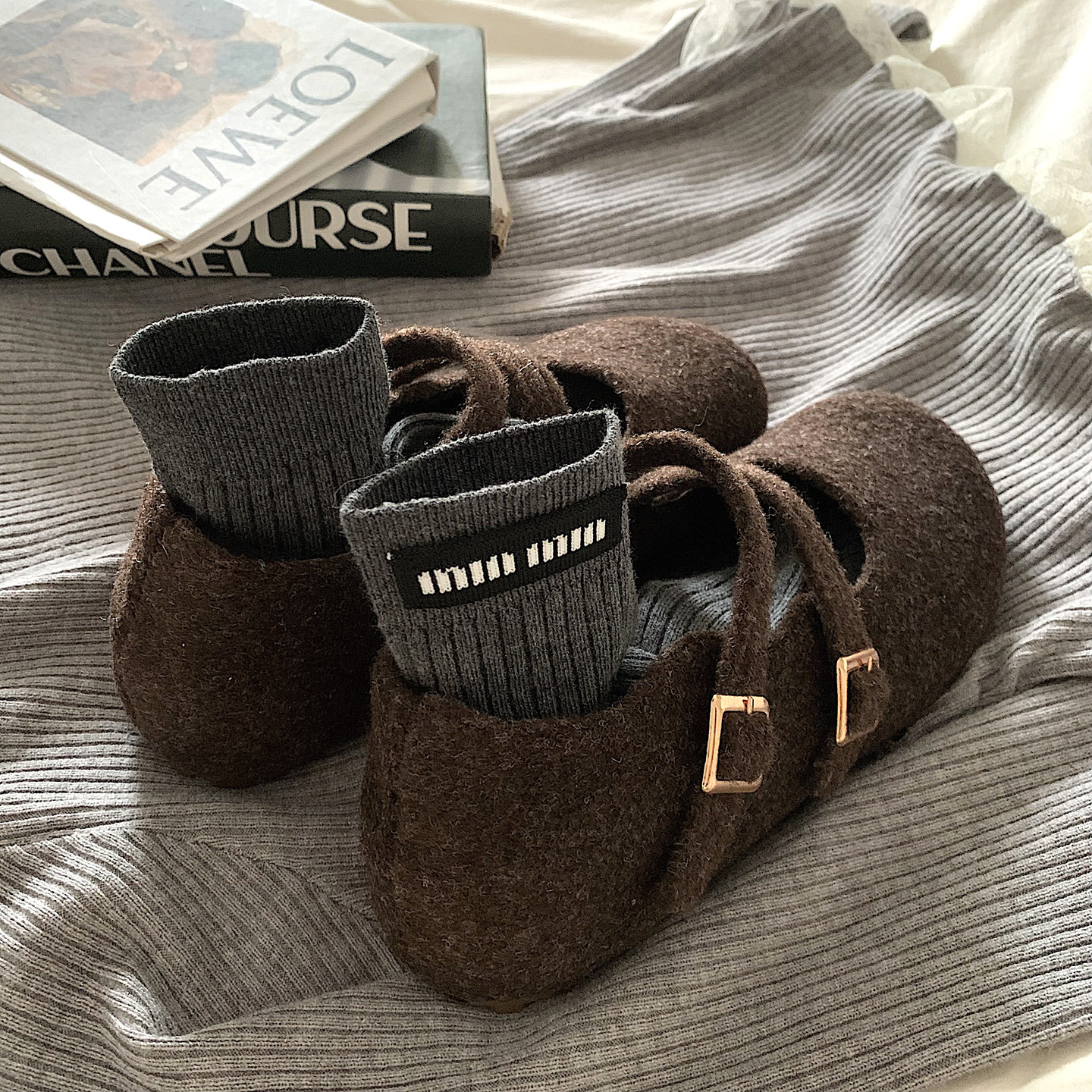 轻奢灰~增高厚底加绒加厚毛呢玛丽珍鞋女冬ins复古一脚蹬棉鞋瓢鞋,淘宝优惠券,粉丝福利购,淘宝优惠卷