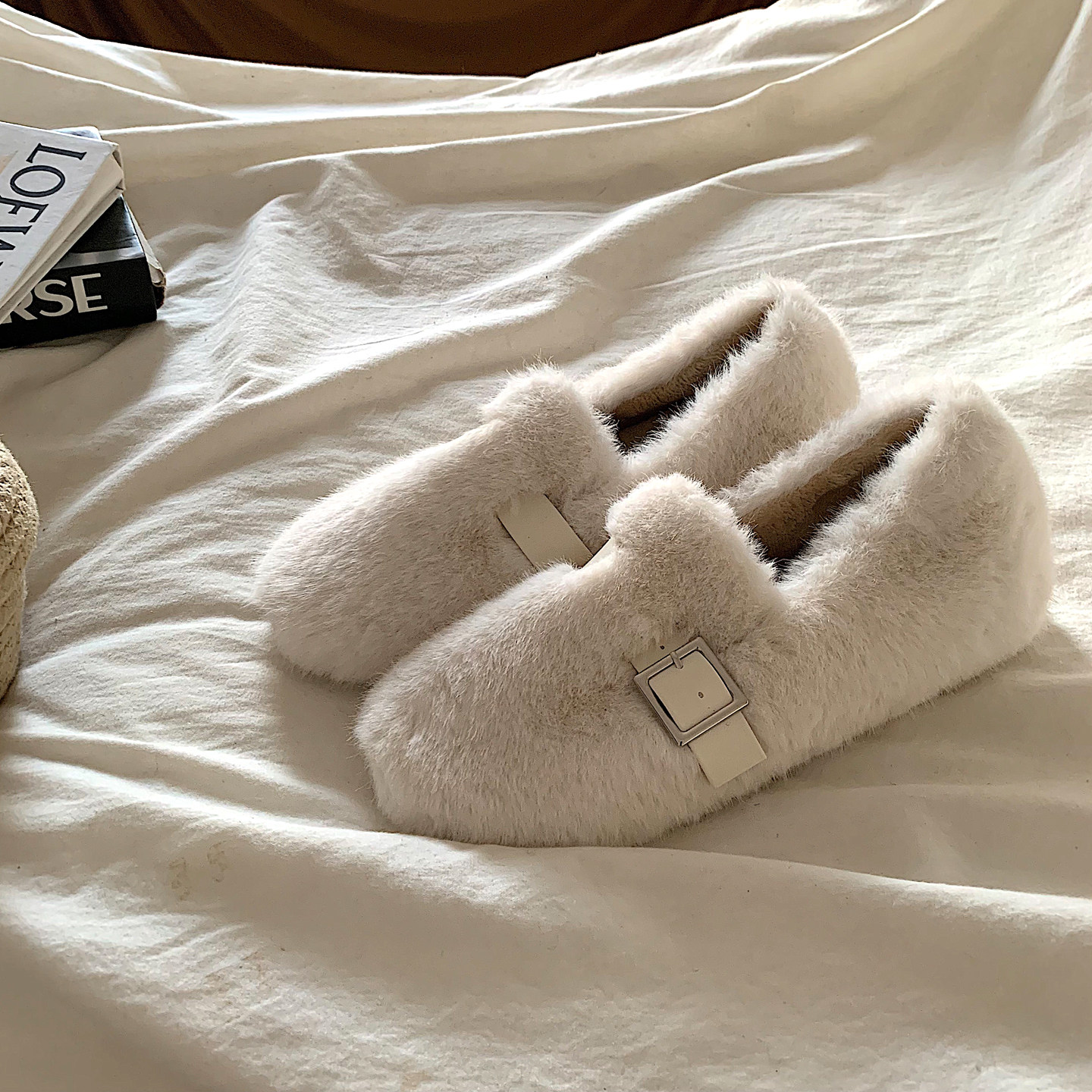 茸茸雪白~ins温柔加绒毛毛鞋女外穿网红老钱保暖一脚蹬棉鞋豆豆鞋,淘宝优惠券,粉丝福利购,淘宝优惠卷