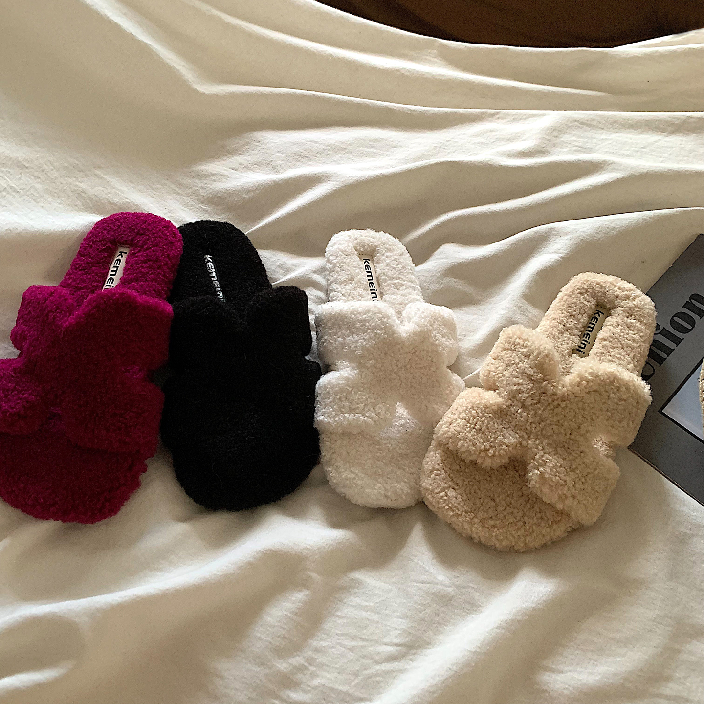 奶油卷羊~ins温柔风加绒一体毛毛拖鞋女冬外穿网红时尚保暖棉拖鞋 - 图0