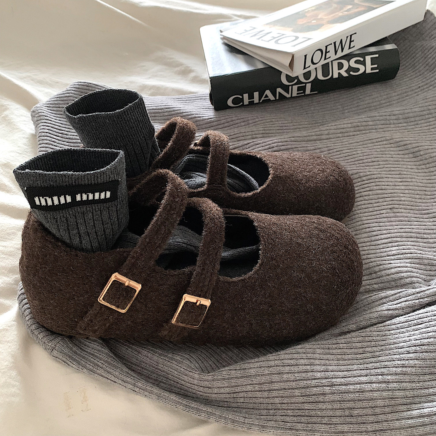 轻奢灰~增高厚底加绒加厚毛呢玛丽珍鞋女冬ins复古一脚蹬棉鞋瓢鞋,淘宝优惠券,粉丝福利购,淘宝优惠卷