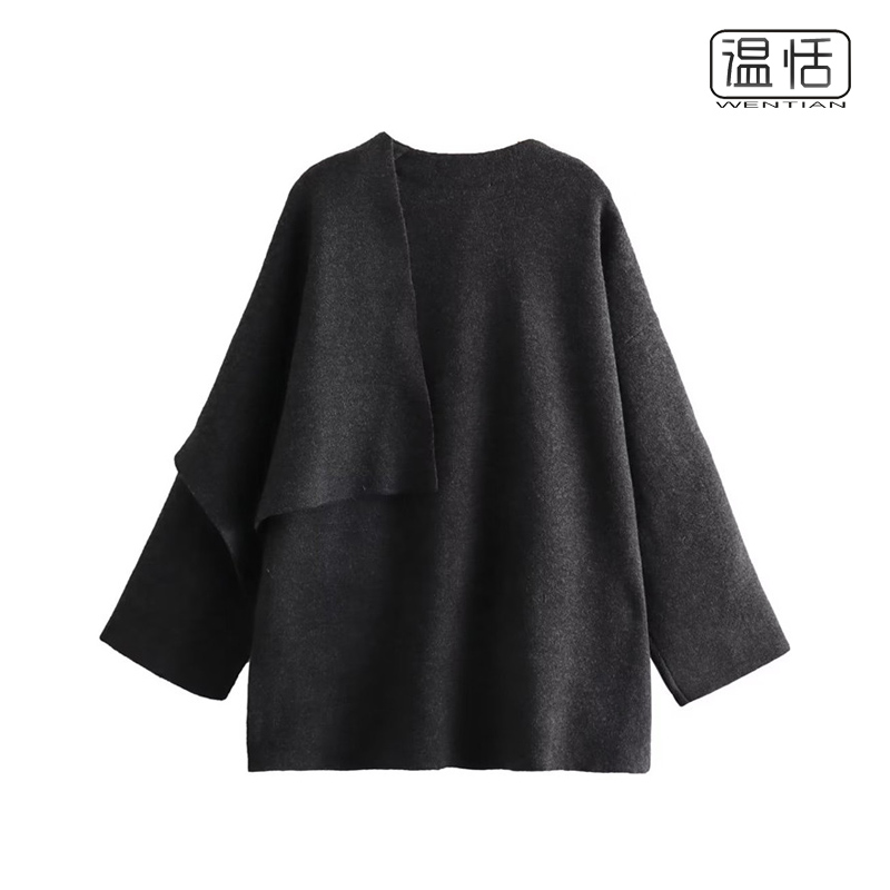 【包邮】慵懒风气质深灰色不对称围巾设计感短款毛衣针织大衣外套 - 图0