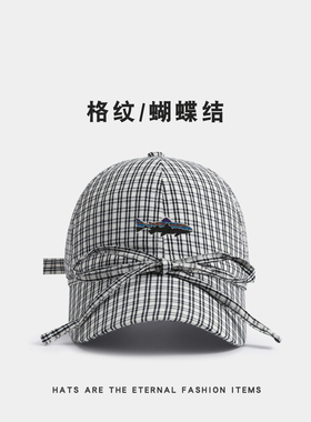 户外帽子复古网格绑带蝴蝶结鸭舌帽女韩版工装休闲格纹文艺棒球帽