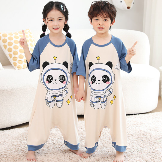 儿童夏季兄妹装女童宝宝连身睡袋连体衣服男孩纯棉奥特曼空调睡衣