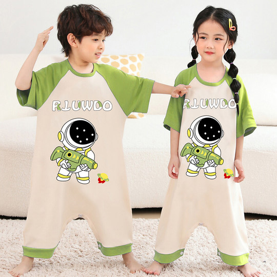 儿童夏季兄妹装女童宝宝连身睡袋连体衣服男孩纯棉奥特曼空调睡衣