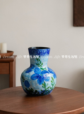 蓝色水培花瓶油画风手工陶瓷花器