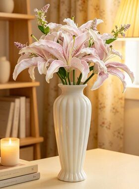 水培陶瓷花瓶现代简约白色水养粉色百合家居客厅玄关桌面装饰摆件