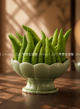 佛手柑复古陶瓷花瓶绿色荷叶家居装饰摆件中式风格高脚托盘花器