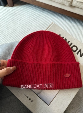 BanliCat 100%羊毛显白红色针织帽子女新年圣诞氛围感冷帽冬季保