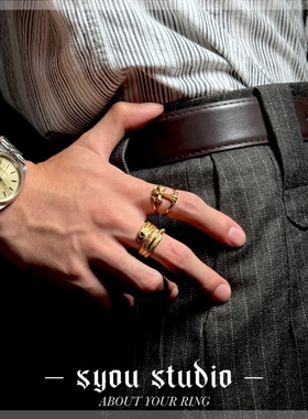 Syou复古黑金羽毛钛钢戒指