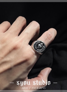 复古圣火心印章钛钢戒指