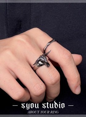 Syou骷髅角牛钛钢朋克哥特戒指