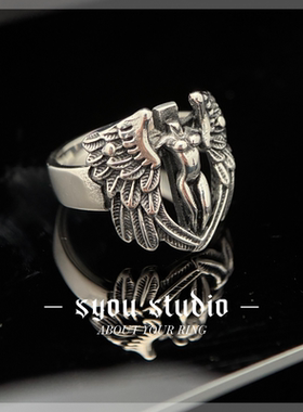 Syou天使之翼欧美复古钛钢戒指哥特小众男士指环不掉色男女对戒