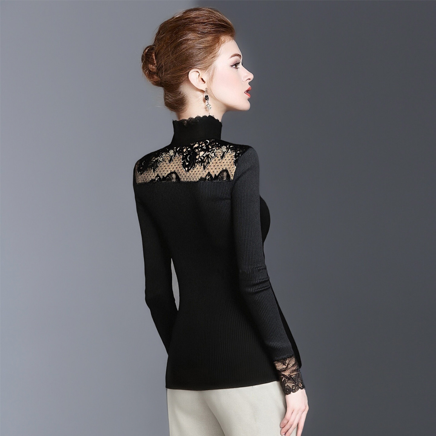 半高领桑蚕丝黑色上衣女春秋季2025新款内搭时尚洋气蕾丝打底衫秋,淘宝优惠券,粉丝福利购,淘宝优惠卷