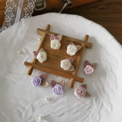5朵价双叶缎带复古小玫瑰花朵DIY手工娃衣服鞋帽裙子手作辅料1227 - 图1