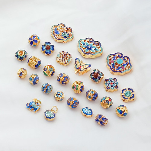 强保色14K包金滴油景泰蓝烧蓝蕾丝如意锁通孔隔珠手工DIY散珠圆球 - 图0