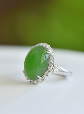 天然和田玉碧玉戒指s925银镶嵌玉石指环时尚百搭饰品礼物送女友