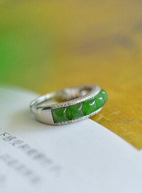 天然和田玉碧玉排戒S925银精工厚镶玉石女款时尚高档送朋友礼物