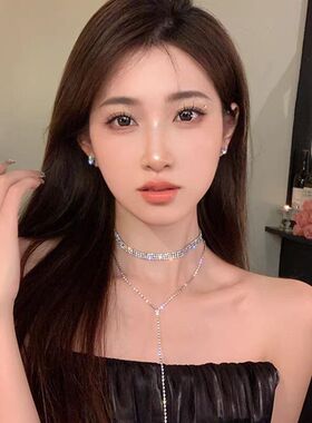 双层叠戴满钻超闪流苏项链女轻奢小众设计感胸链高级锁骨链颈链