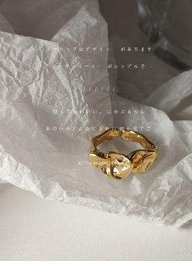 亮眸镀14k感不规则褶皱金属戒指女 韩系冷淡风时尚食指开口戒