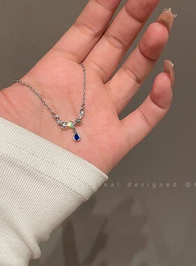 蓝色石水滴项链女夏季轻奢小众设计感甜酷配饰气质感锁骨链