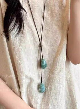 绿色木质圆珠长款项链吊坠绳女款森系复古设计毛衣链小众挂脖配饰