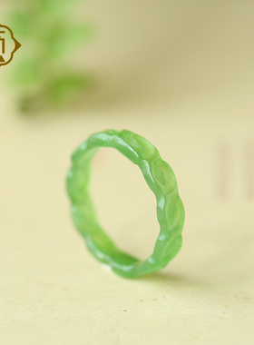 顽石灵 收藏级老坑苹果绿清新自然碧玉和田玉戒指W1-388