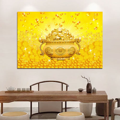聚宝盆装饰画黄金满地财源滚滚餐厅客厅沙发背景墙挂画金元宝贴画 - 图0