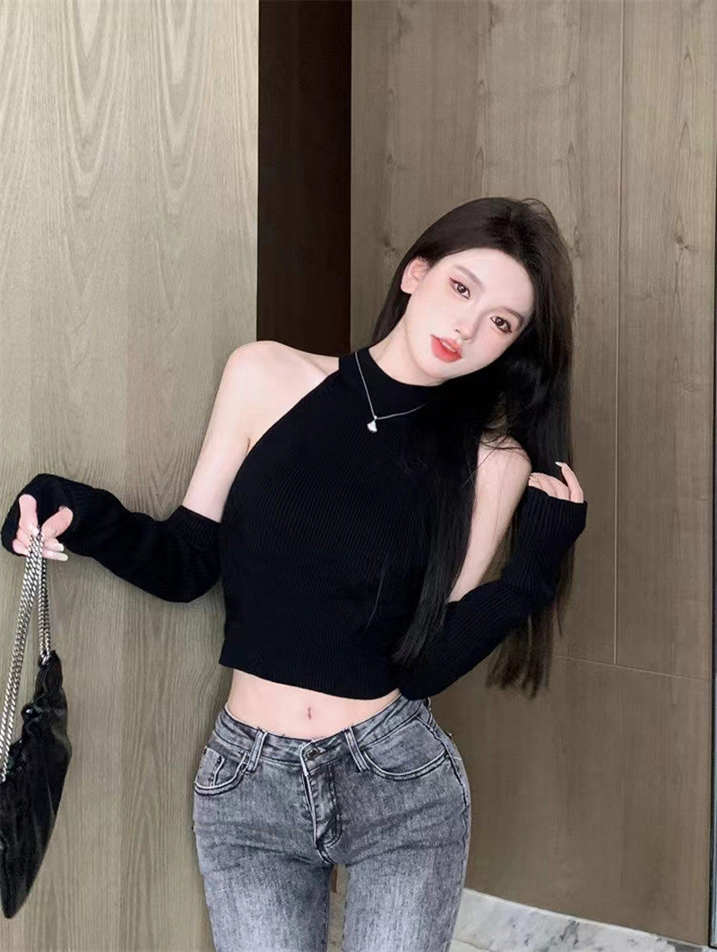 露肩带袖套上衣吊带两穿女春秋夏长袖t恤设计感辣妹内搭短款上衣,淘宝优惠券,粉丝福利购,淘宝优惠卷