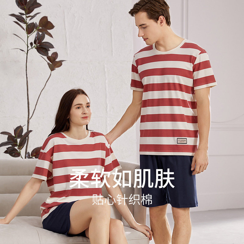 秋鹿条纹纯棉短袖短裤情侣睡衣夏季圆领简约男士家居服女夏天薄款,淘宝优惠券,粉丝福利购,淘宝优惠卷