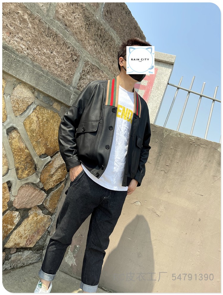 RC欧货GC风格肖战 詹姆斯同款条纹领飞行员宽松夹克闭绒羊皮皮衣 - 图0