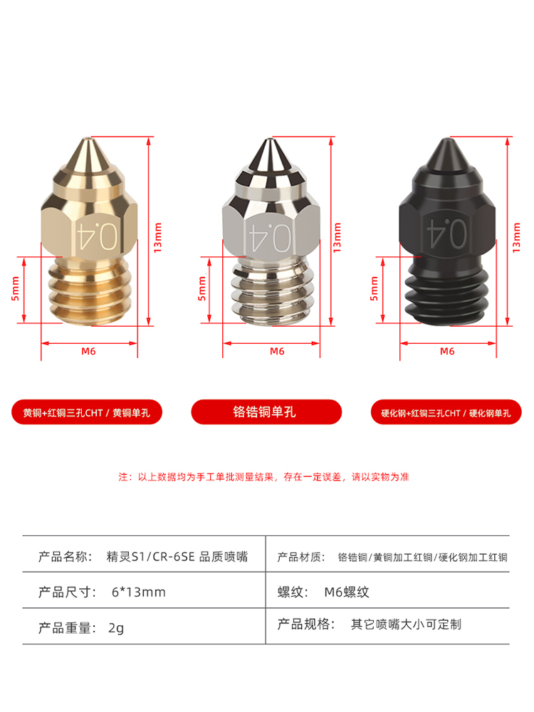 3D打印机配件 CR-6SE铬锆铜黄铜CHT三眼花喷头精灵S1硬化钢喷嘴 - 图2