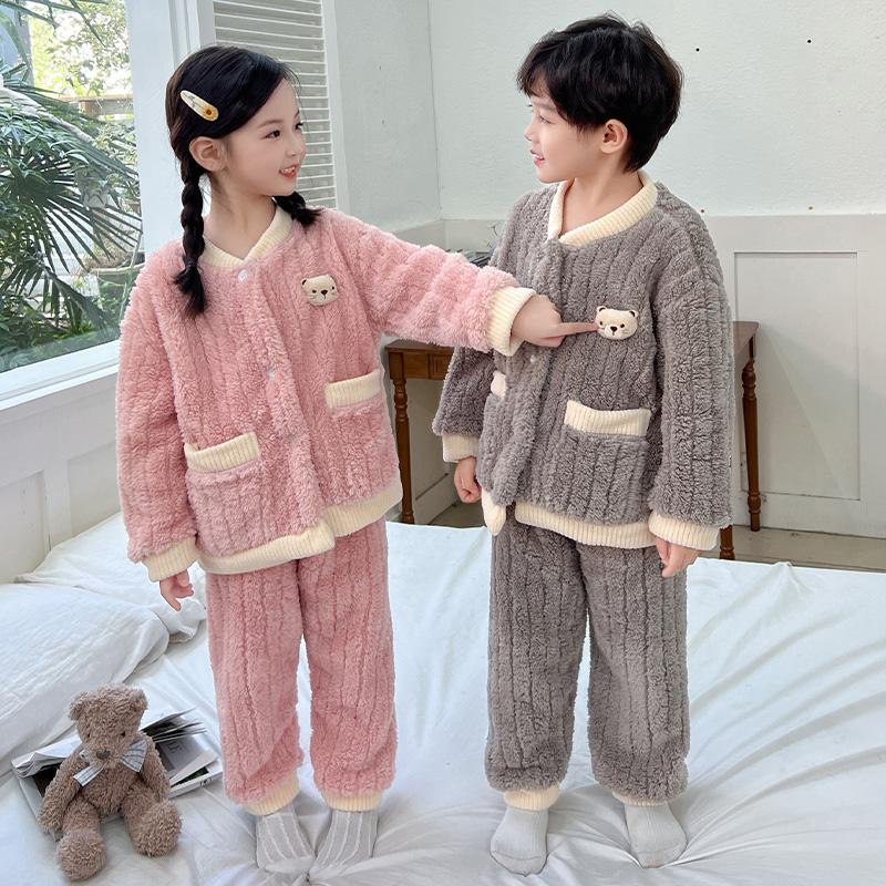 2024新款女童睡衣秋冬季珊瑚绒加厚儿童法兰绒女孩冬款大童家居服 - 图0
