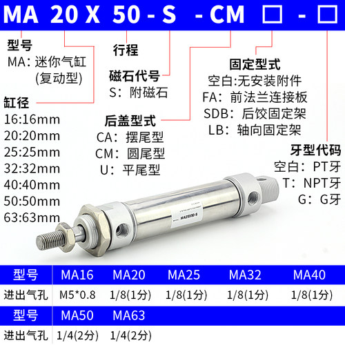 迷你不锈钢气动小型笔形气缸MA16/20/25/32-50*75X100*350/400SCA - 图3