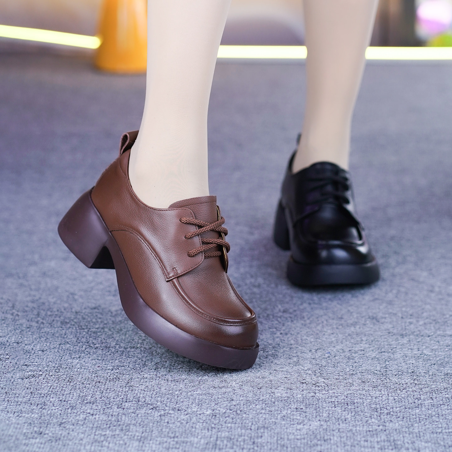 真皮粗跟单鞋女春季新款头层牛皮一体跟圆头系带软底软面深口单鞋,淘宝优惠券,粉丝福利购,淘宝优惠卷