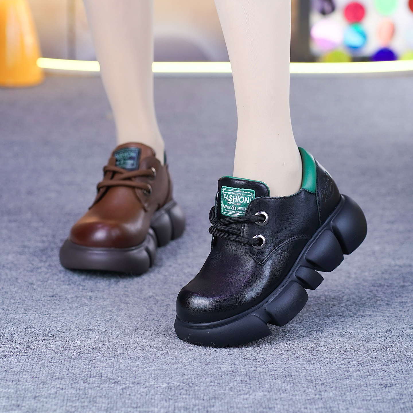 纯牛皮单鞋女春季新款圆头松糕厚底拼色平底真皮系带深口乐福单鞋,淘宝优惠券,粉丝福利购,淘宝优惠卷