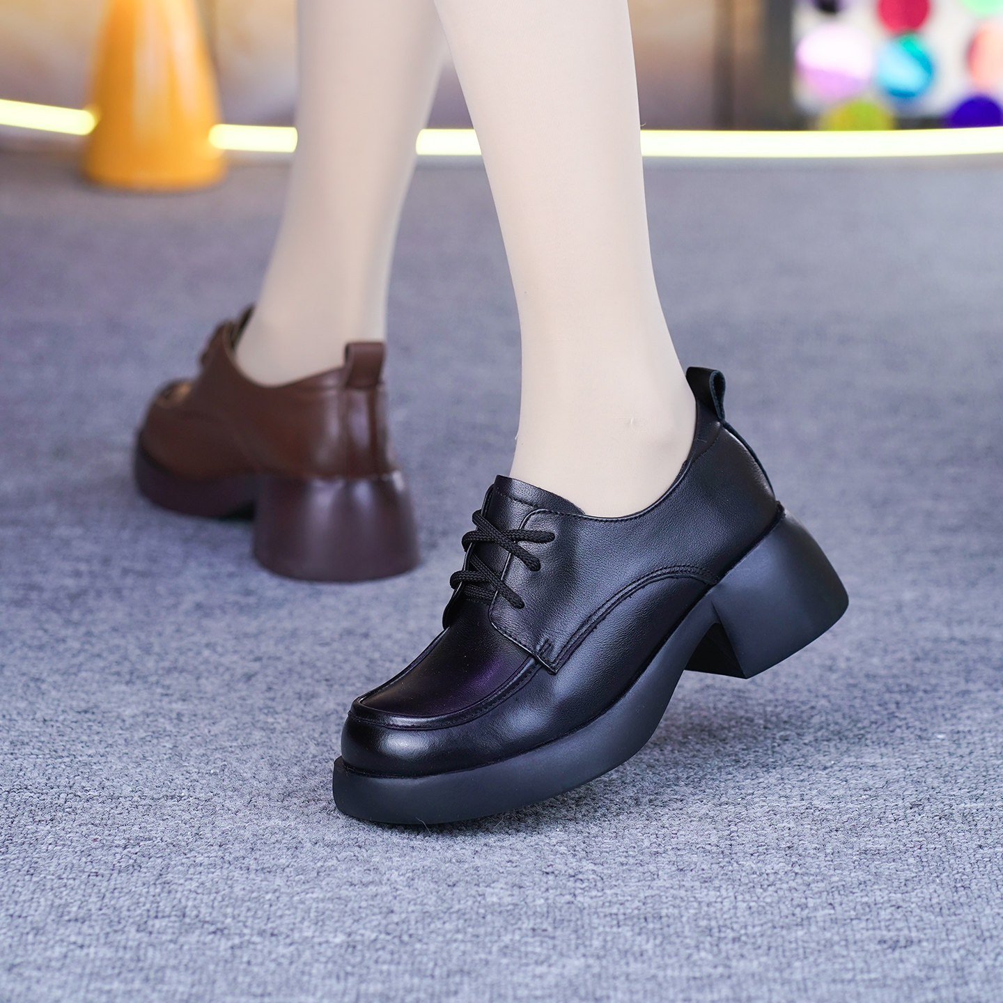 真皮粗跟单鞋女春季新款头层牛皮一体跟圆头系带软底软面深口单鞋,淘宝优惠券,粉丝福利购,淘宝优惠卷