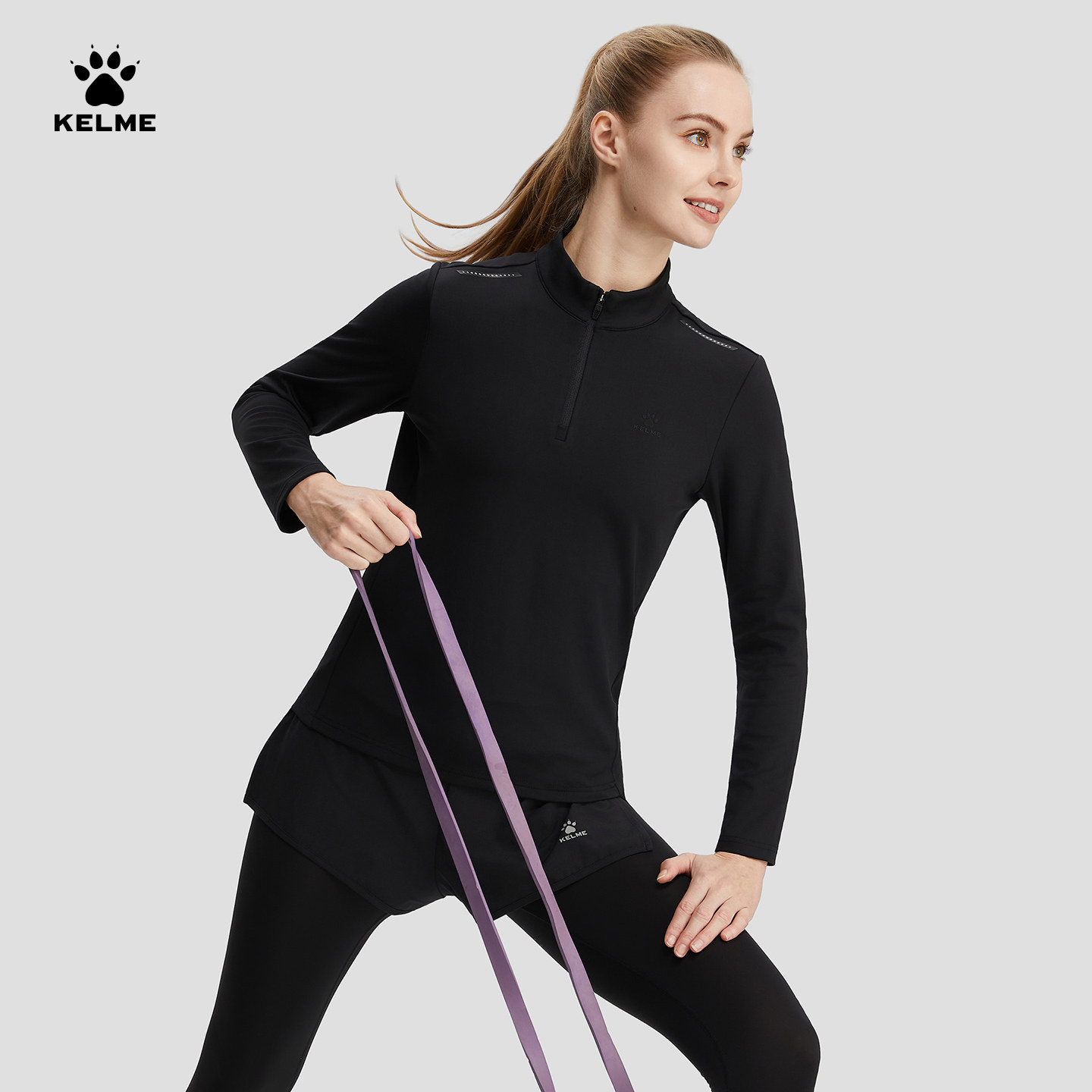 KELME卡尔美长袖运动T恤女2025秋季半拉链健身跑步透气速干训练服,淘宝优惠券,粉丝福利购,淘宝优惠卷