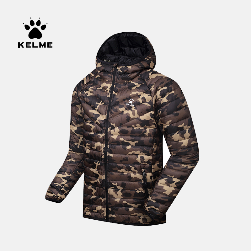 KELME卡爾美 冬季連帽運動棉衣外套 迷彩保暖跑步生活訓練棉服男
