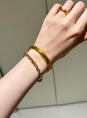 金包银泥鳅背手镯女宽面素圈手环