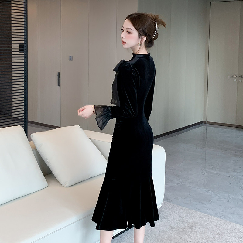 高端精致气质名媛蝴蝶结重工钉钻喇叭袖鱼尾小黑裙连衣裙,淘宝优惠券,粉丝福利购,淘宝优惠卷