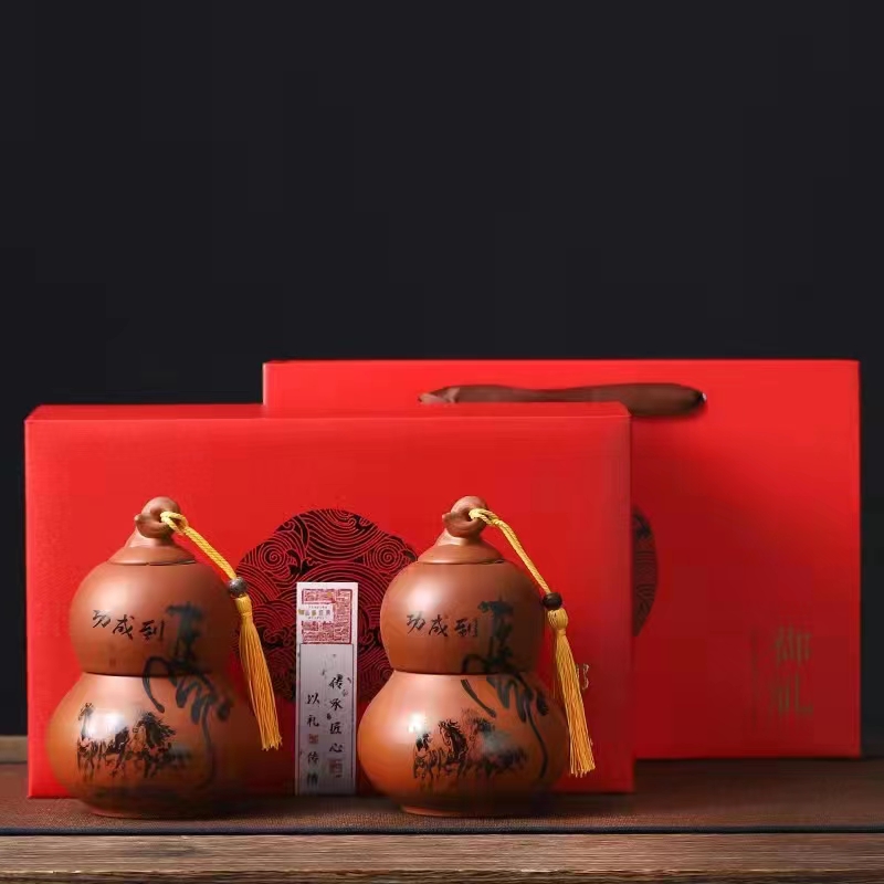 紫砂茶叶罐葫芦大号密封罐复古红绿普洱中式存储罐双罐礼盒定制