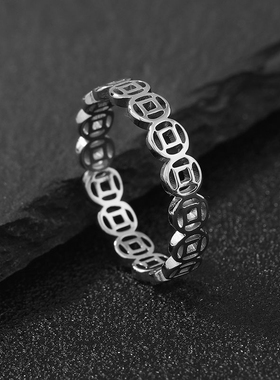 铜钱戒指钱串子钱币金色镂空金币中国风招财钛钢指环旺财聚财多多