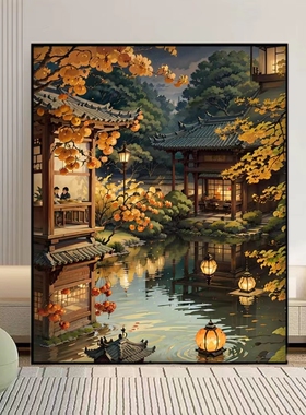 古风建筑DIY数字油画风景手工填色画丙烯客厅装饰画手绘油彩画