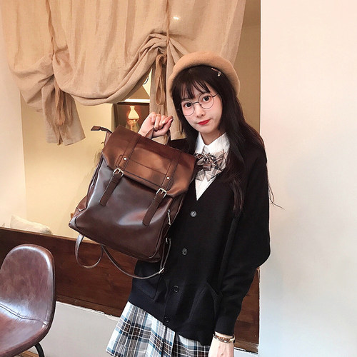 复古双肩背包书包女生夏季新款14寸电脑大容量日系软皮学院风百搭 - 图0