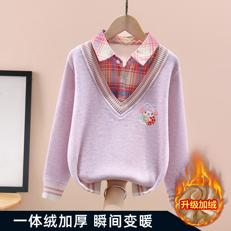 女童毛衣一体绒假两件春秋冬装套头中大童女孩加绒针织条纹打底衫 - 图2