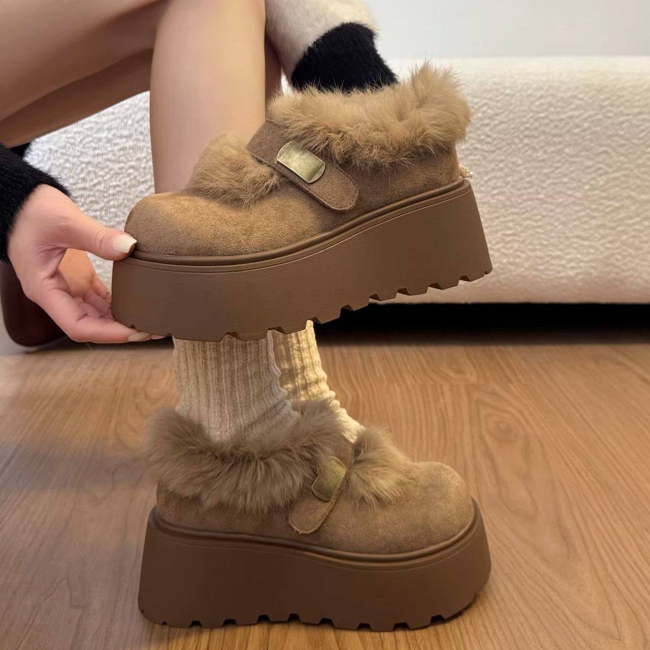网红爆款复古时尚百搭增高厚底毛毛棉鞋女2025冬季新款松糕勃肯鞋,淘宝优惠券,粉丝福利购,淘宝优惠卷