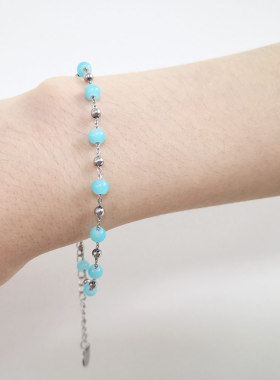 李帝努Jeno粉蓝珍珠串钢珠手链