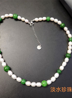 刘西蒙同款淡水珍珠绿色玉石项链