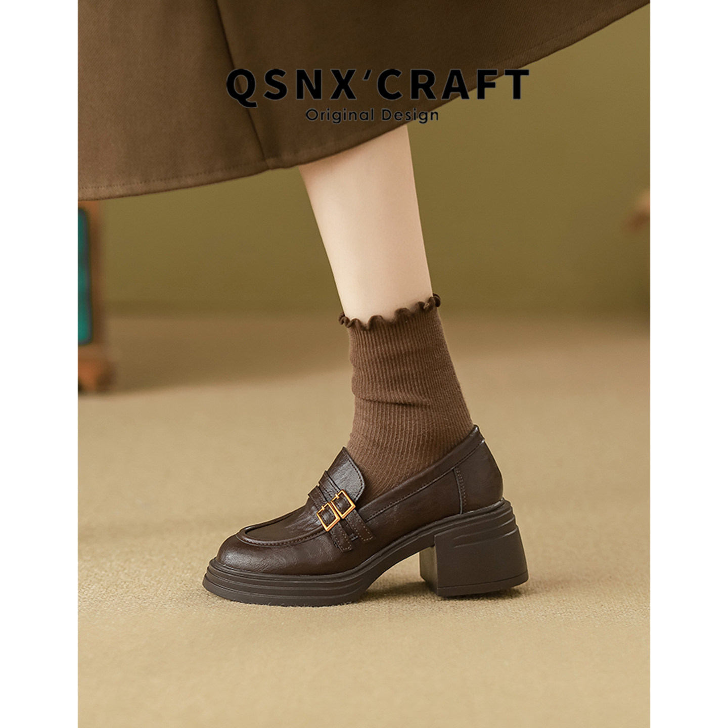 真皮版~厚底高跟乐福鞋女2025新款粗跟英伦风通勤单鞋棕色小皮鞋,淘宝优惠券,粉丝福利购,淘宝优惠卷