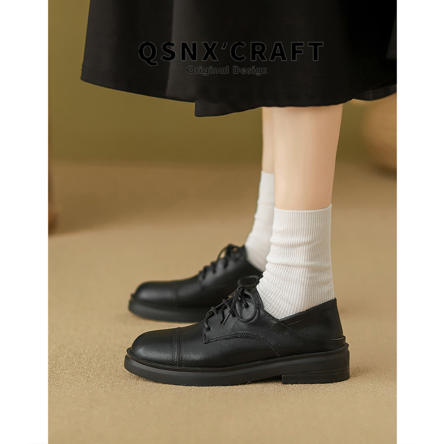 羊皮版~英伦风乐福鞋女2025新款黑色系带圆头百搭小皮鞋低跟单鞋,淘宝优惠券,粉丝福利购,淘宝优惠卷